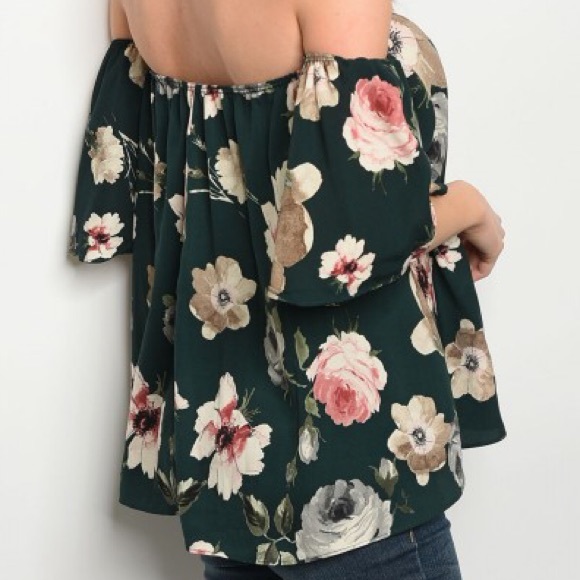 LAST! • Green Floral Short Sleeve Off Shoulder Top - Picture 4 of 4